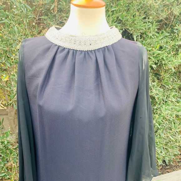 1960’s Black Mini Dress With Silver Brocade Neck - Picture 2 of 8